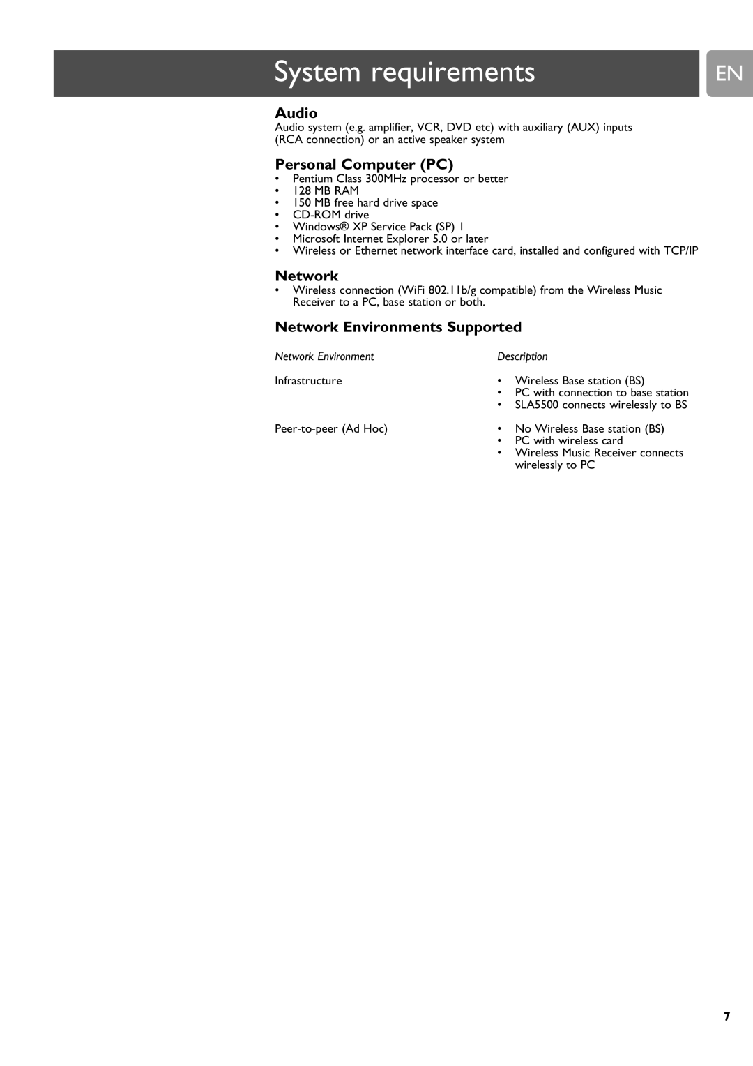 Philips SLA5500 user manual System requirements, Audio, Personal Computer PC, Network Environments Supported 