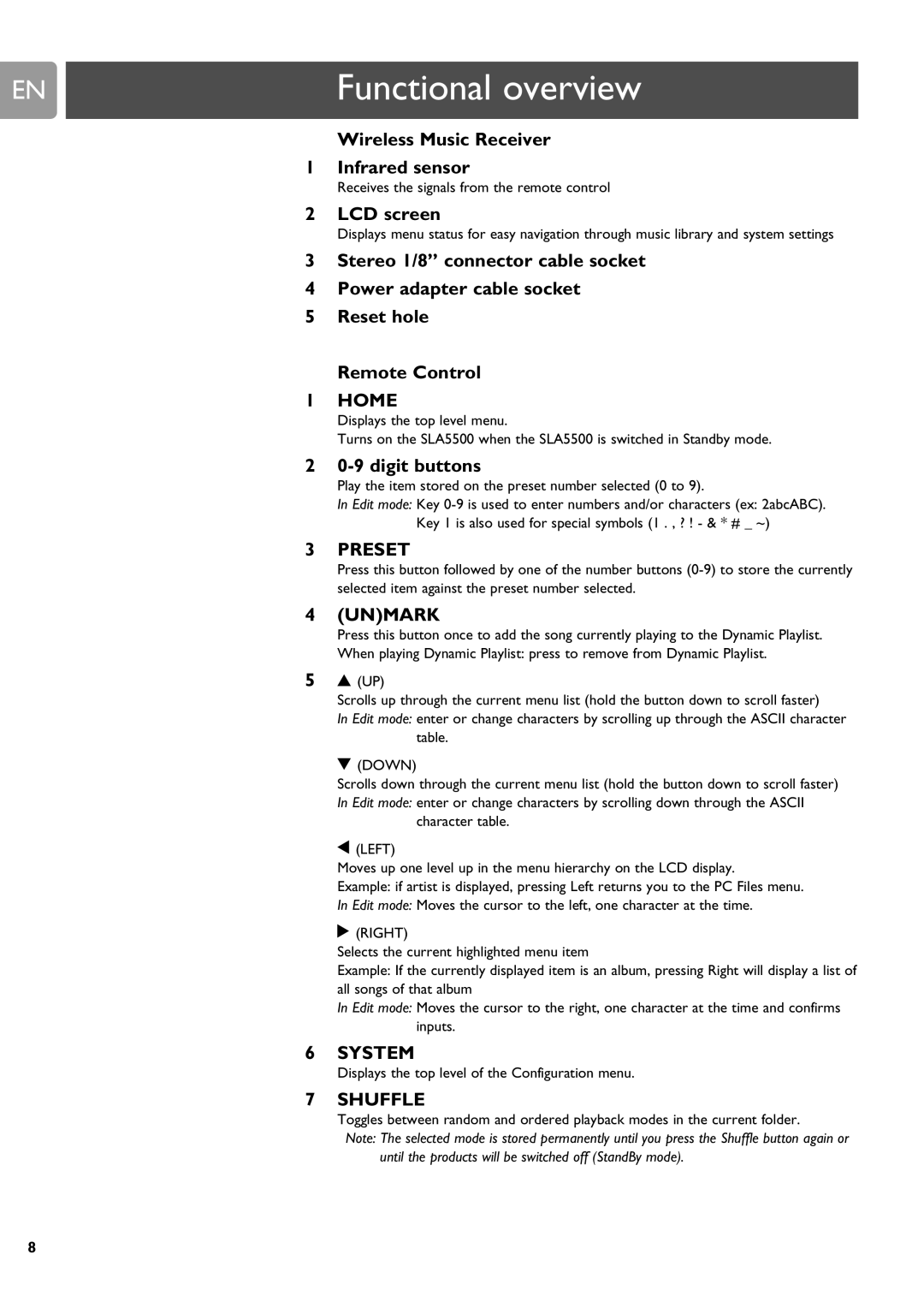 Philips SLA5500 user manual Functional overview, Wireless Music Receiver Infrared sensor, LCD screen, Digit buttons 