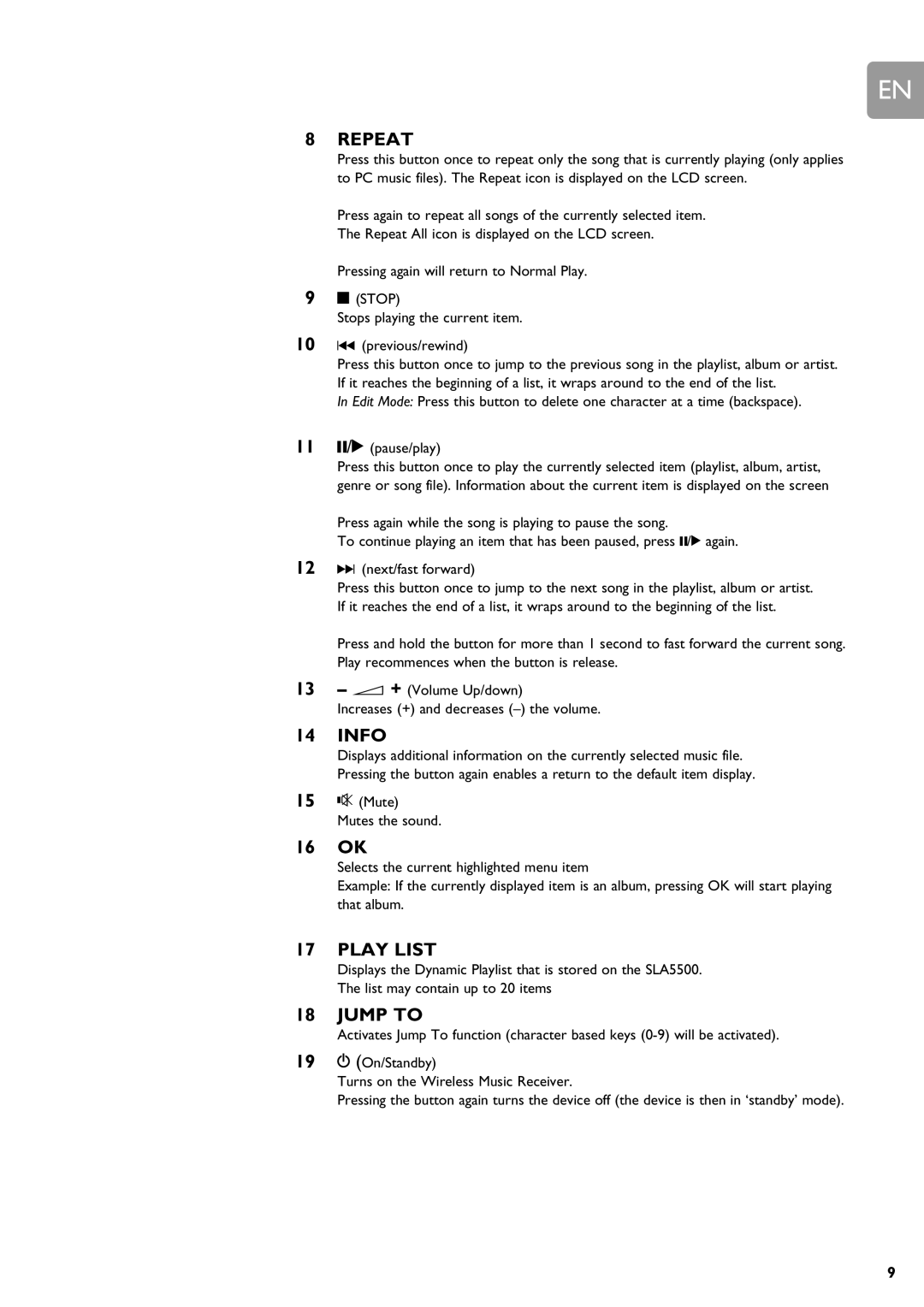 Philips SLA5500 user manual 16 OK, Mute Mutes the sound 