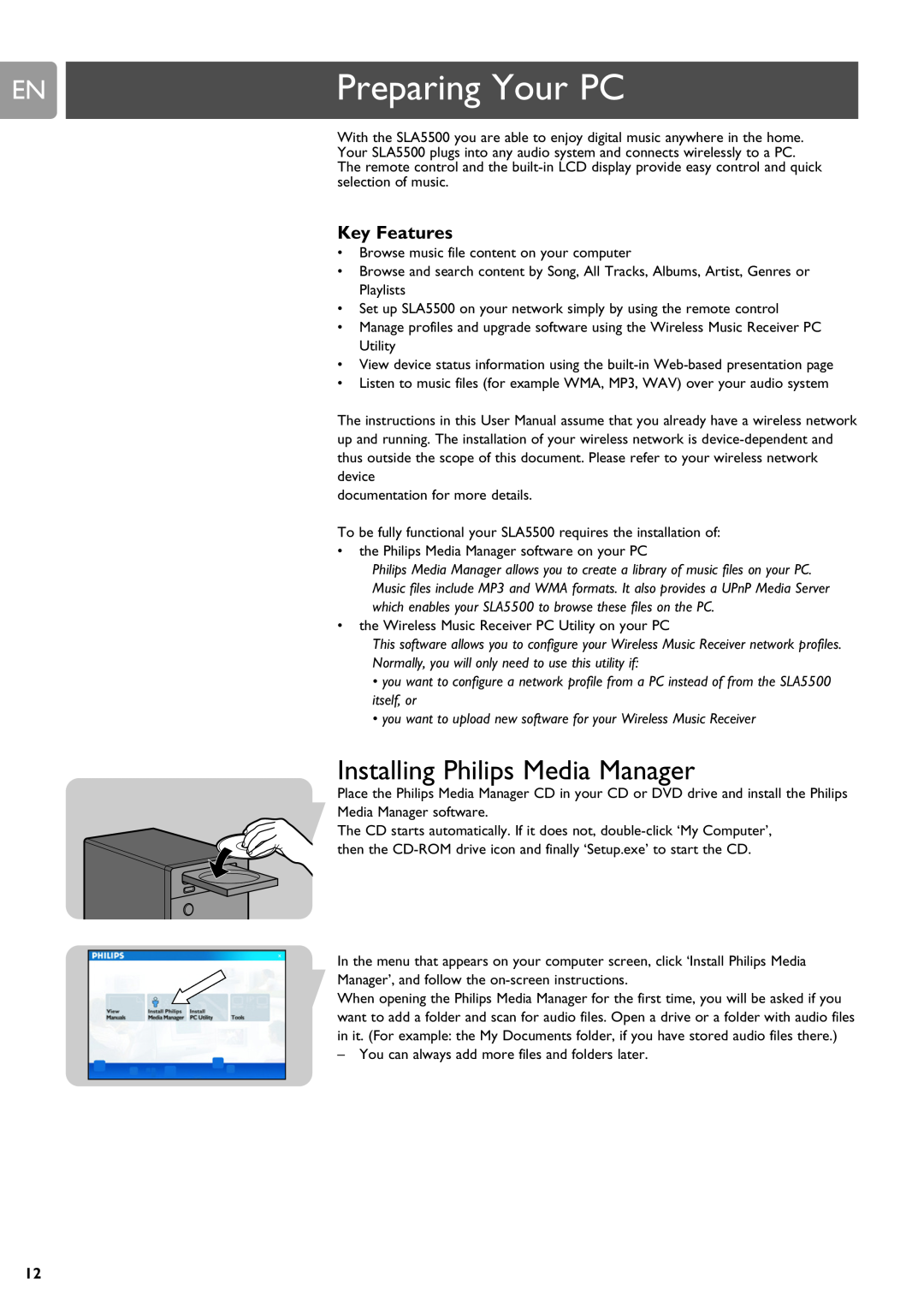 Philips SLA5500 user manual Preparing Your PC, Installing Philips Media Manager, Key Features 