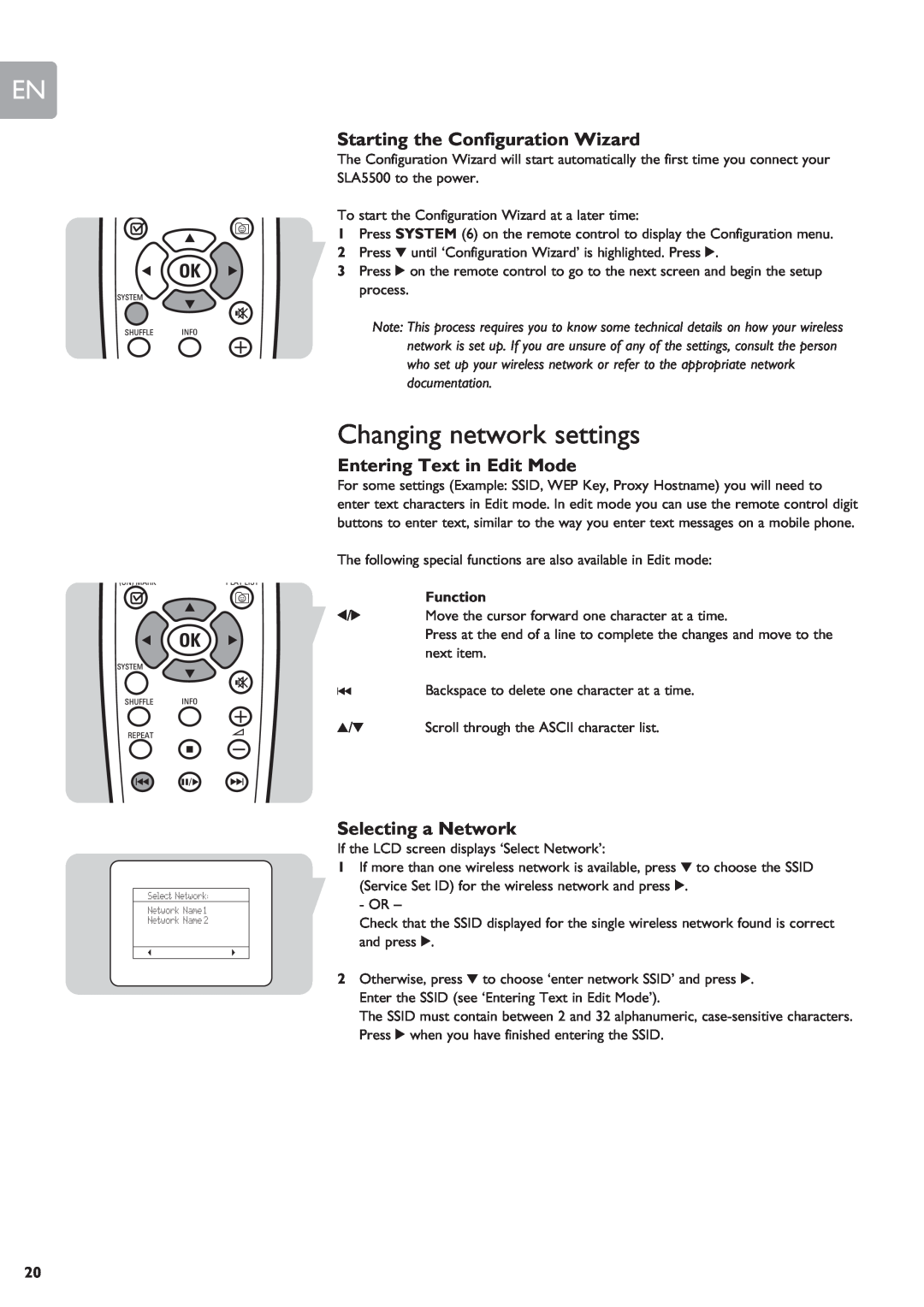 Philips SLA5500 Changing network settings, Starting the Configuration Wizard, Entering Text in Edit Mode, Function 