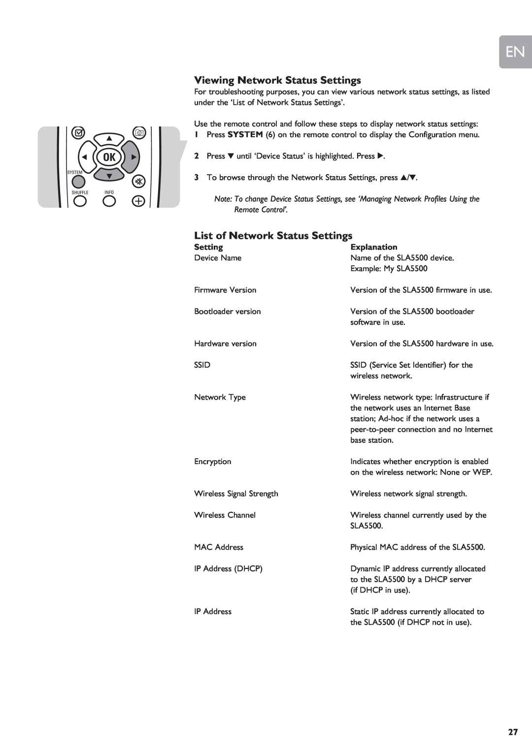 Philips SLA5500 user manual Viewing Network Status Settings, List of Network Status Settings, Explanation 