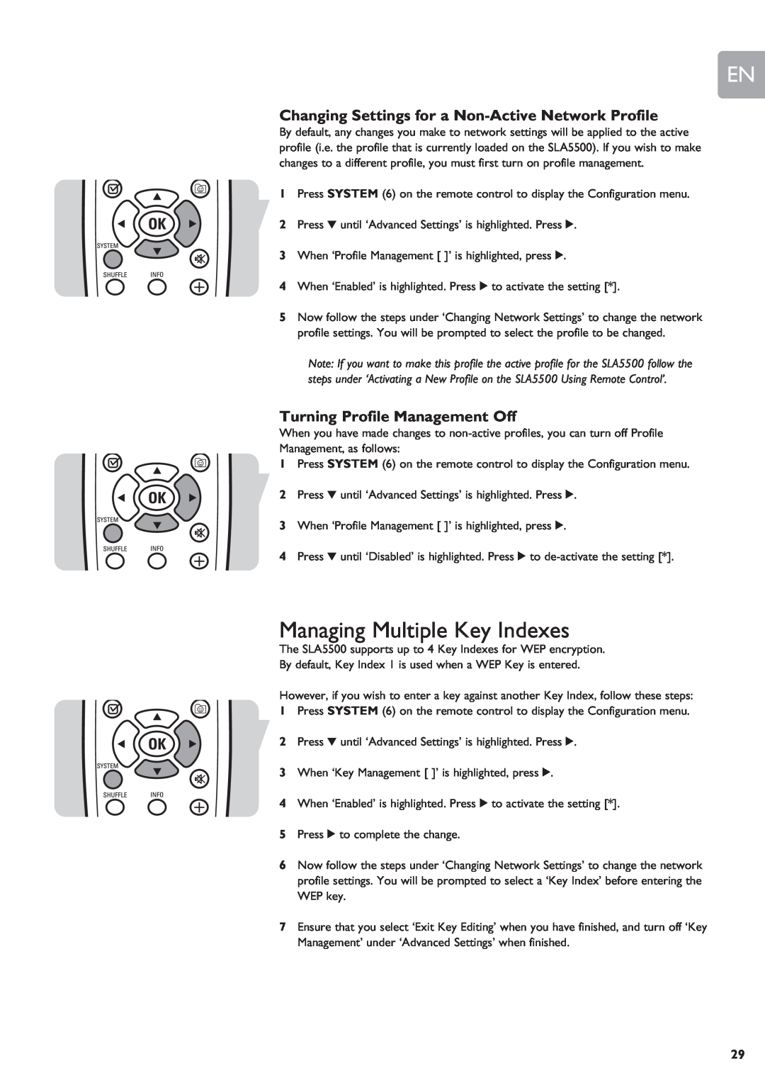 Philips SLA5500 user manual Managing Multiple Key Indexes, Changing Settings for a Non-ActiveNetwork Profile 