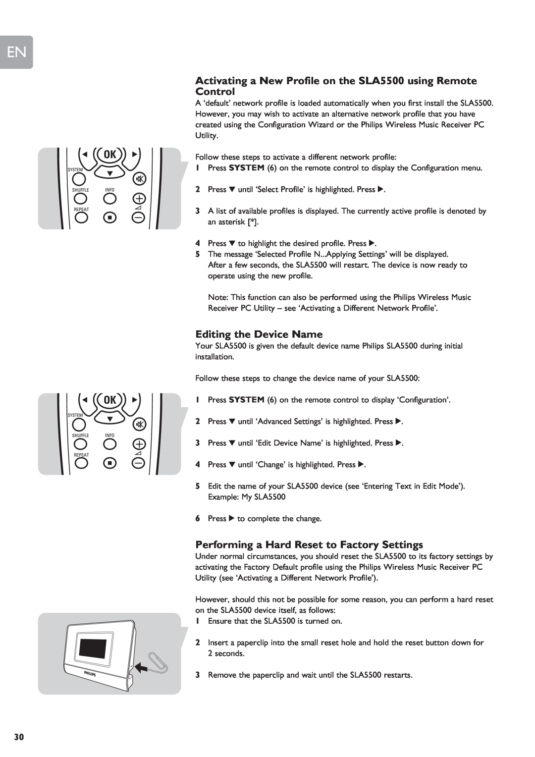 Philips SLA5500 user manual Control, Editing the Device Name, Performing a Hard Reset to Factory Settings 