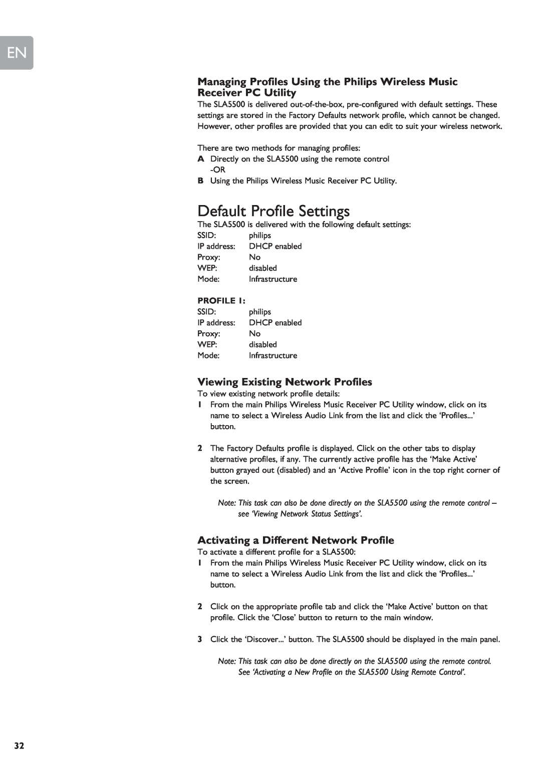 Philips SLA5500 user manual Default Profile Settings, Receiver PC Utility, Viewing Existing Network Profiles 
