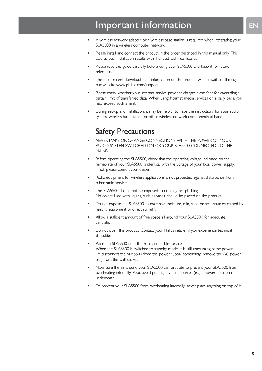 Philips SLA5500 user manual Important information, Safety Precautions 