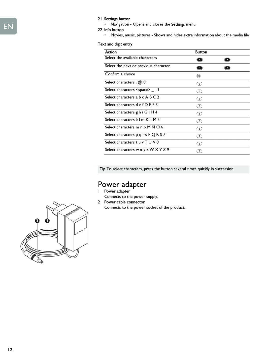 Philips SLM5500 Power adapter, Settings button, Info button, Text and digit entry, Action, Button, Power cable connector 