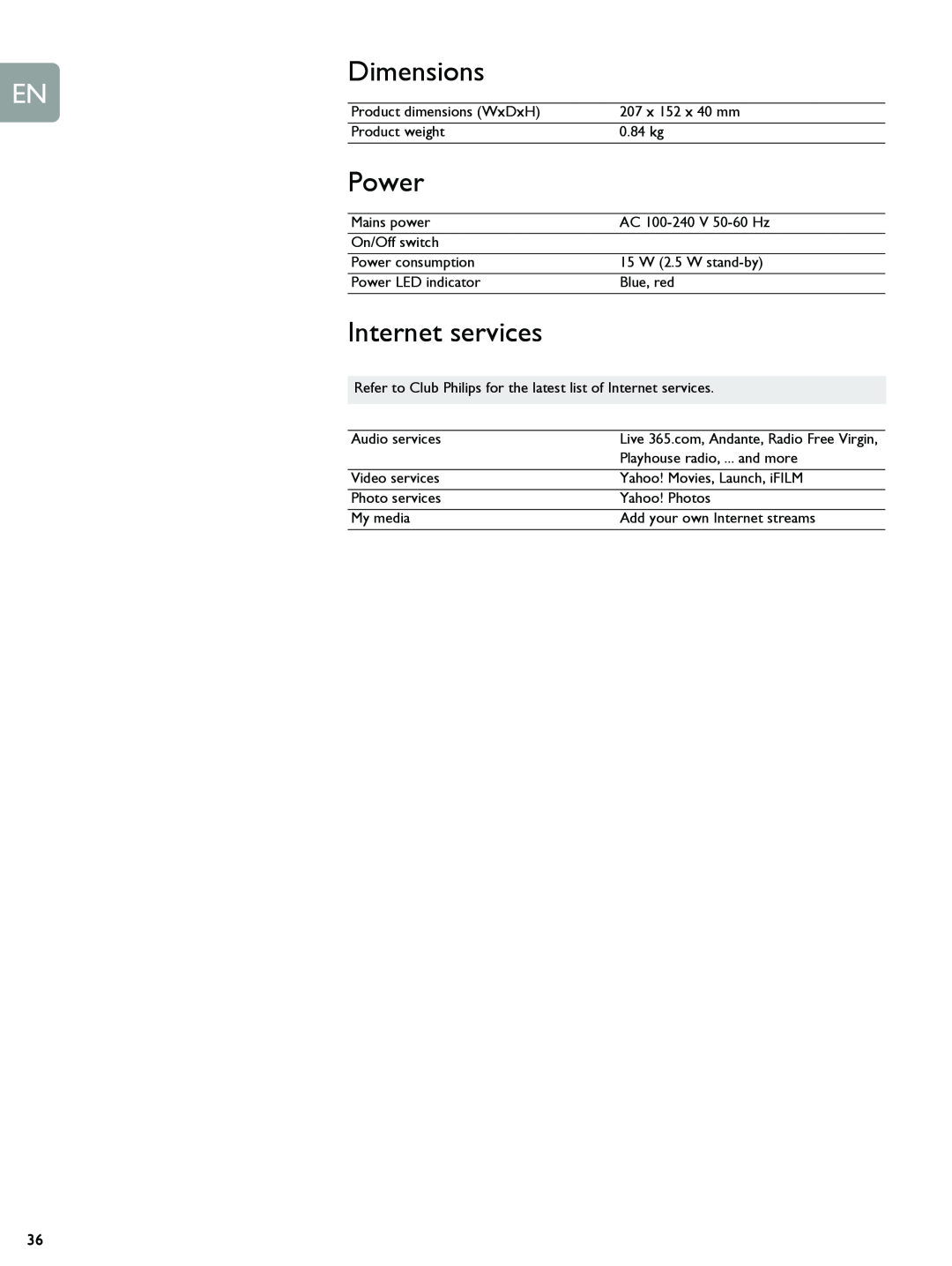 Philips SLM5500 user manual Dimensions, Power, Internet services 