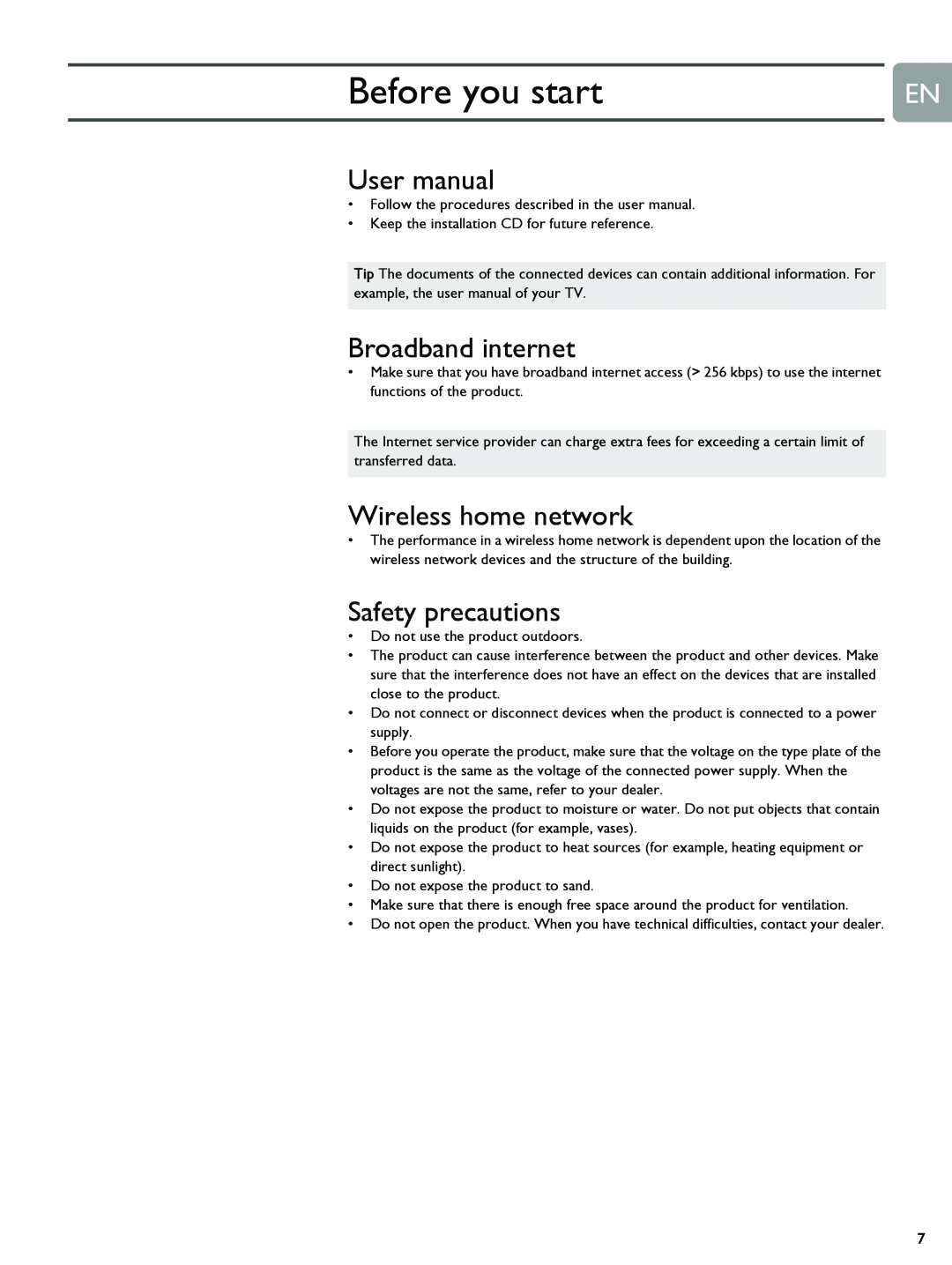 Philips SLM5500 user manual Before you start, User manual, Broadband internet, Wireless home network, Safety precautions 