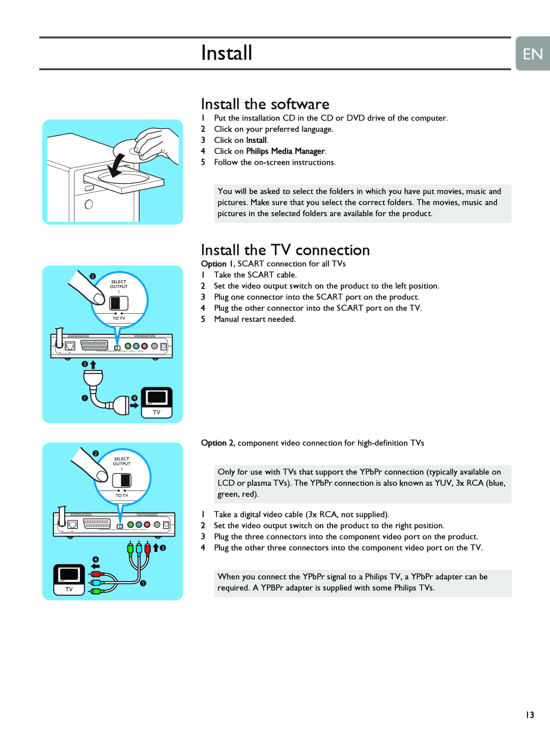 Philips SLM5500 user manual Install the software, Install the TV connection, Click on Philips Media Manager 