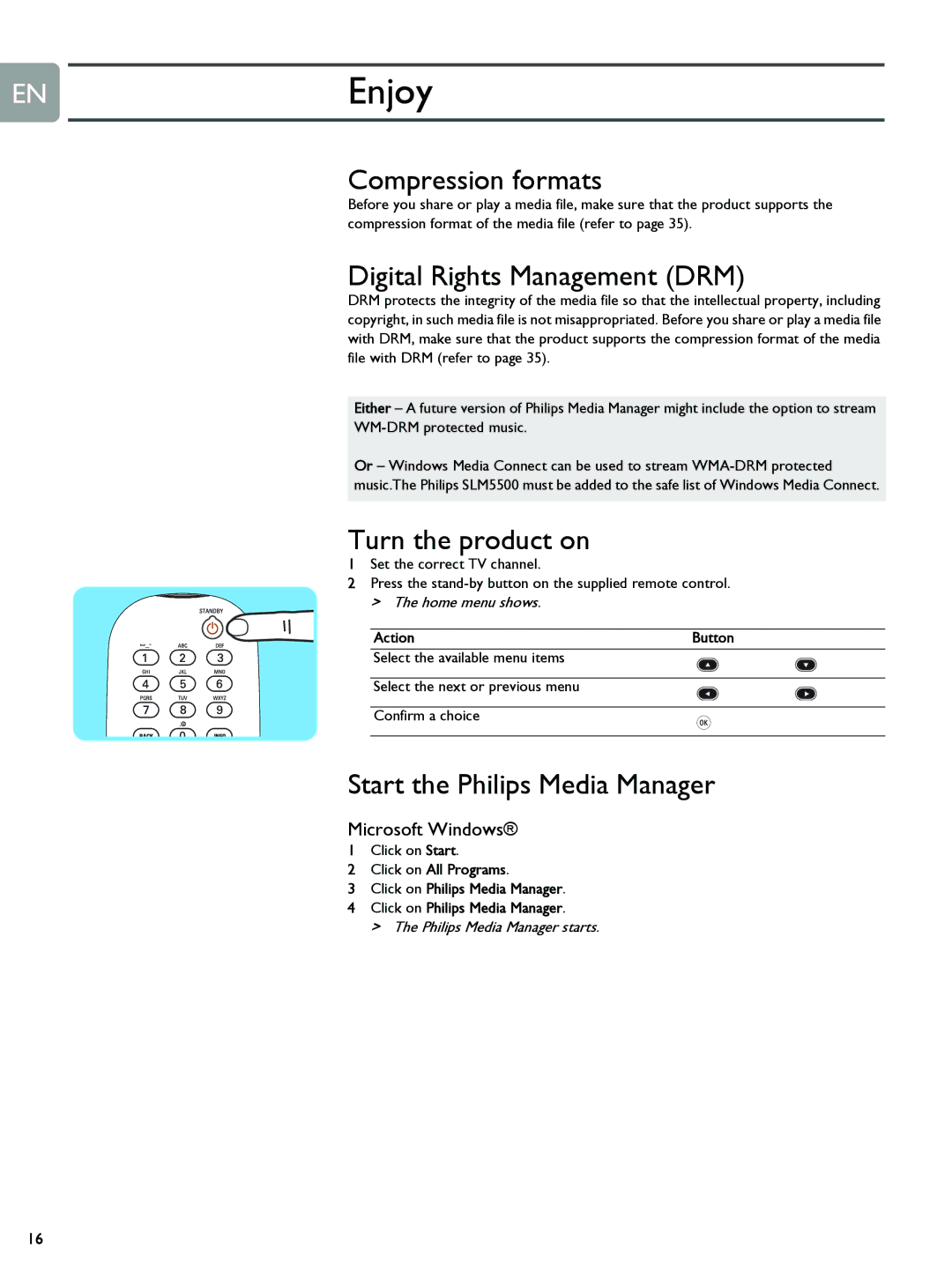 Philips SLM5500 user manual ENEnjoy, Compression formats, Digital Rights Management DRM, Turn the product on 