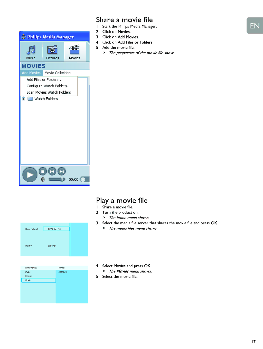 Philips SLM5500 user manual Play a movie file, Start the Philips Media Manager, Click on Add Files or Folders 