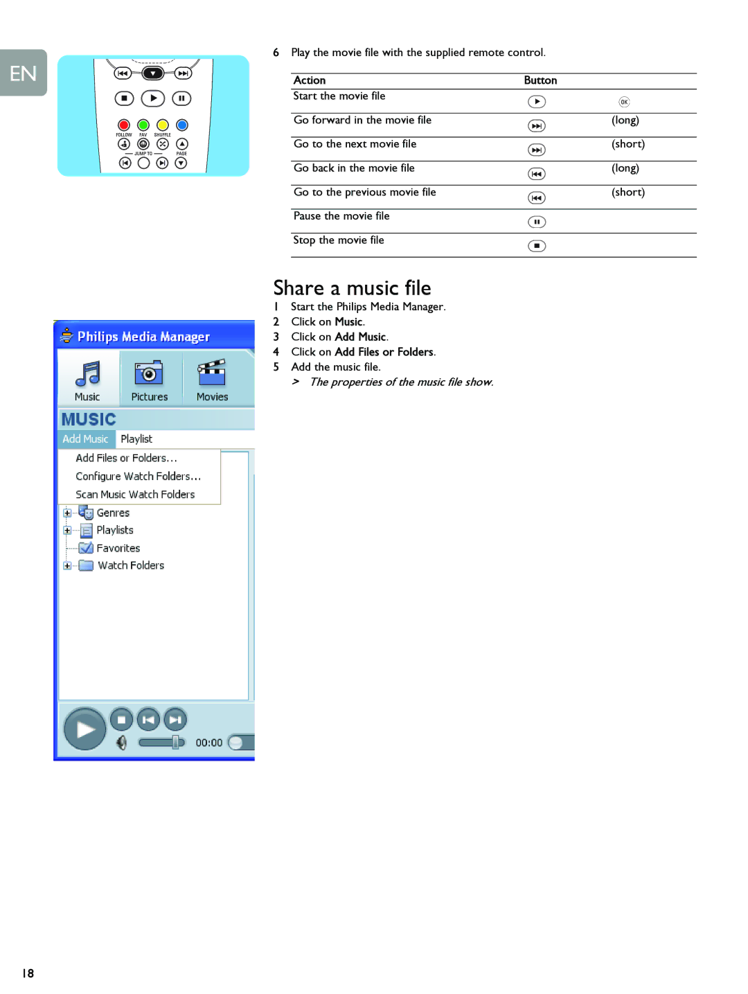 Philips SLM5500 user manual Share a music file, Action Button, Properties of the music file show 