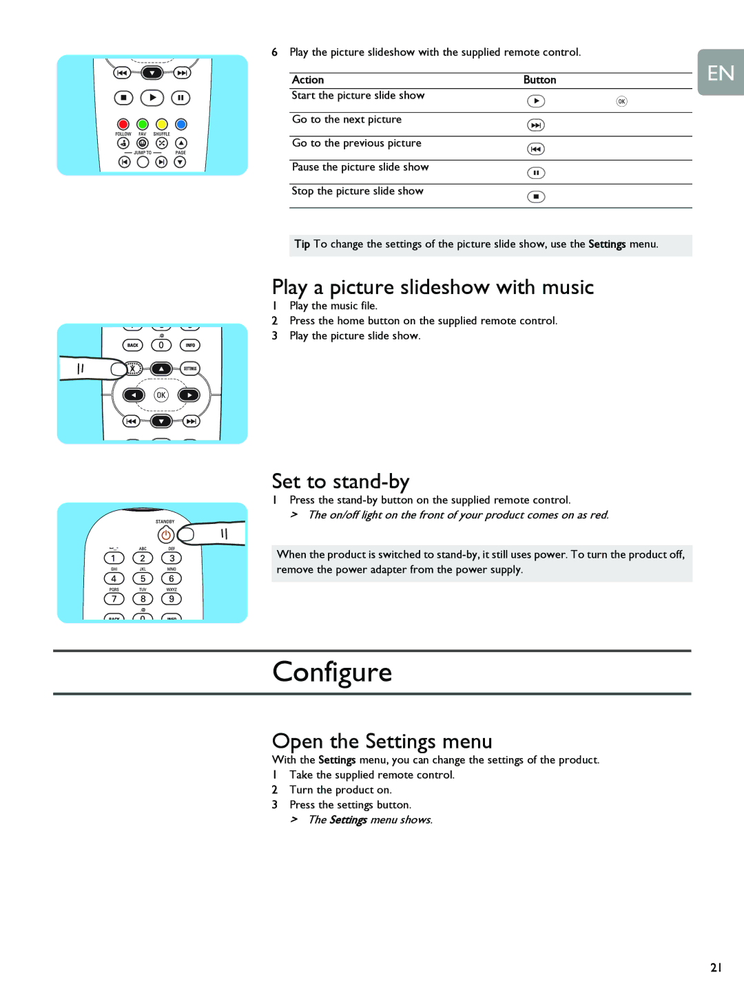 Philips SLM5500 user manual Configure, Play a picture slideshow with music, Set to stand-by, Open the Settings menu 