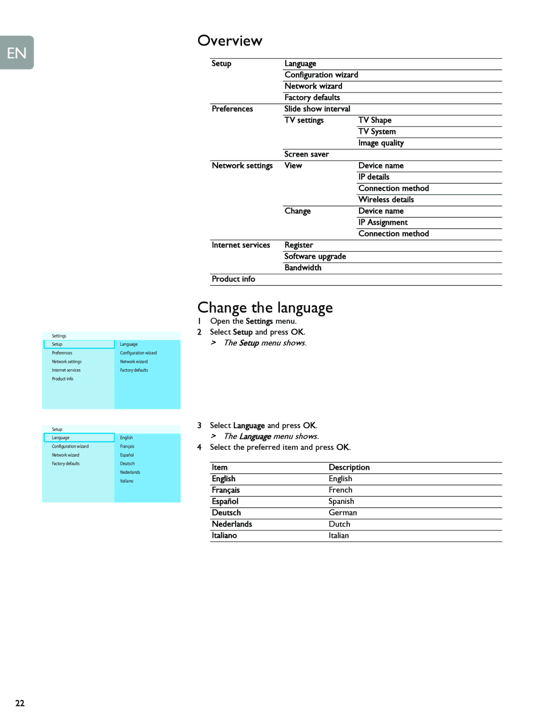 Philips SLM5500 user manual Overview, Change the language 