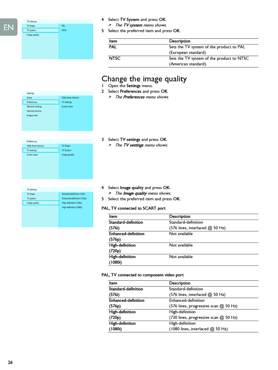 Philips SLM5500 user manual Change the image quality, Image quality menu shows 