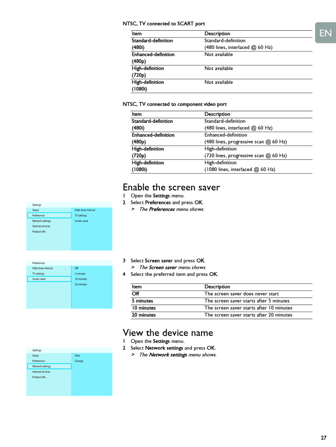 Philips SLM5500 user manual Enable the screen saver, View the device name, Screen saver menu shows 