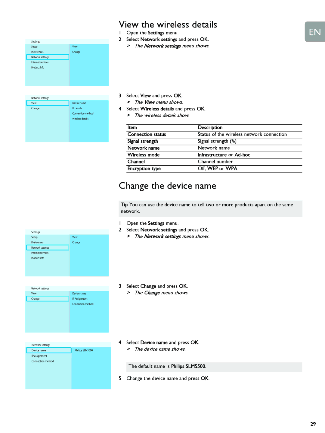 Philips SLM5500 Change the device name, Open the Settings menu, Select Wireless details and press OK, Connection status 