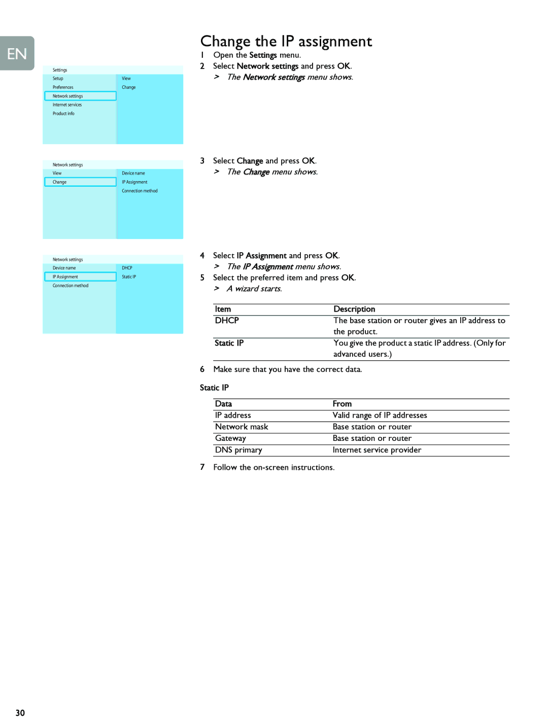 Philips SLM5500 user manual Change the IP assignment, Product, Advanced users, Static IP Data From 