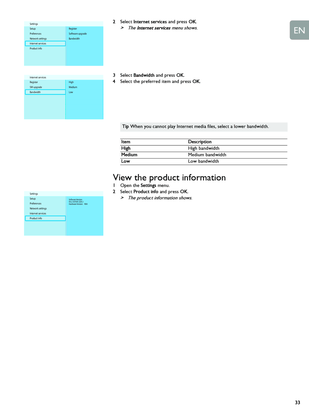 Philips SLM5500 user manual View the product information, High High bandwidth Medium, Low Low bandwidth 