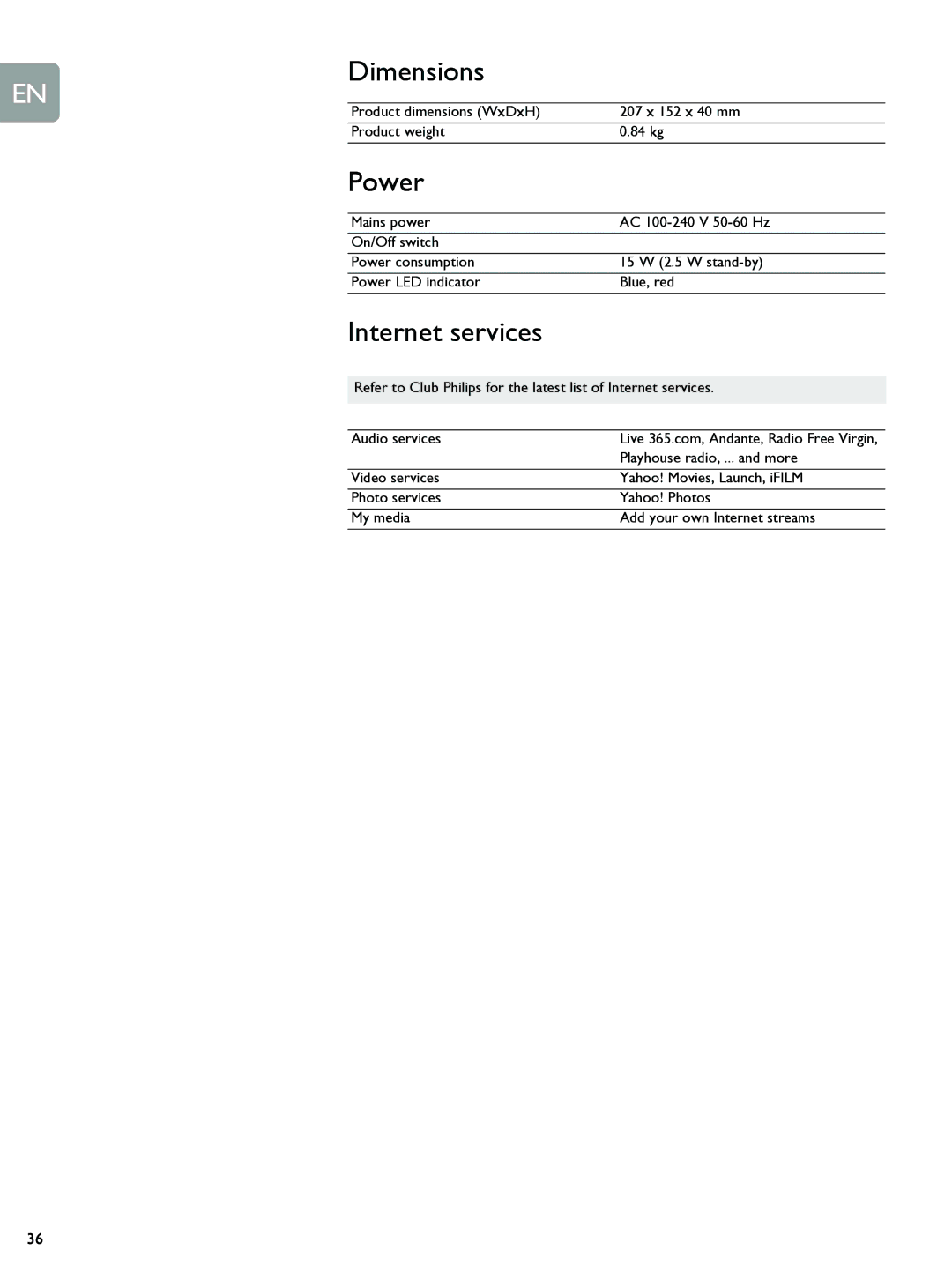 Philips SLM5500 user manual Dimensions, Power, Internet services 