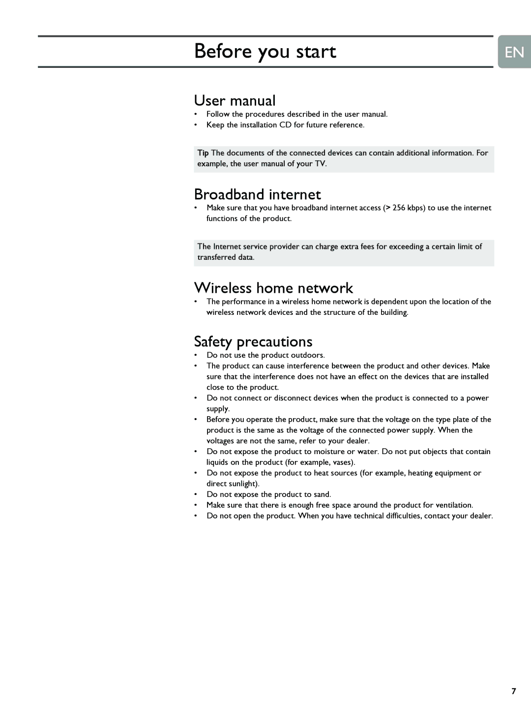 Philips SLM5500 user manual Broadband internet, Wireless home network, Safety precautions 