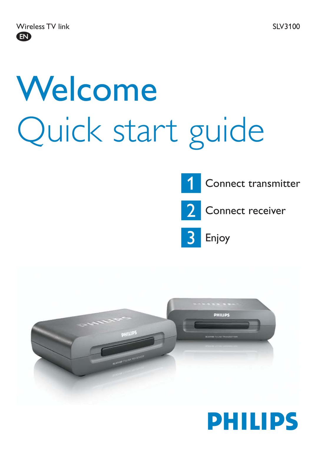 Philips SLV3100 quick start Welcome Quick start guide, Connect transmitter Connect receiver Enjoy 