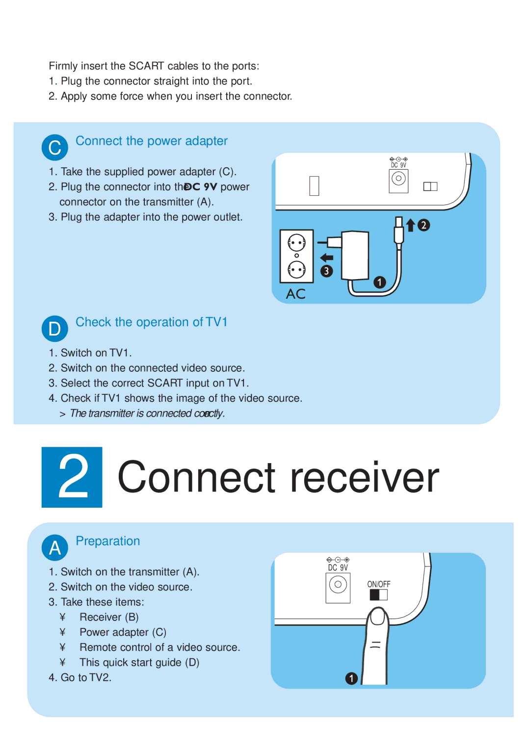 Philips SLV3100 quick start Connect receiver, Connect the power adapter, Check the operation of TV1, Preparation 