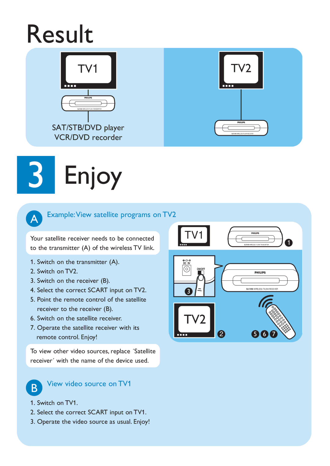 Philips SLV3100 quick start Result, Enjoy, ExampleView satellite programs on TV2, View video source on TV1 