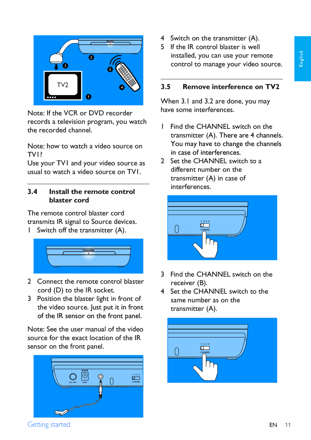 Philips SLV3105 user manual Install the remote control blaster cord, Remove interference on TV2 