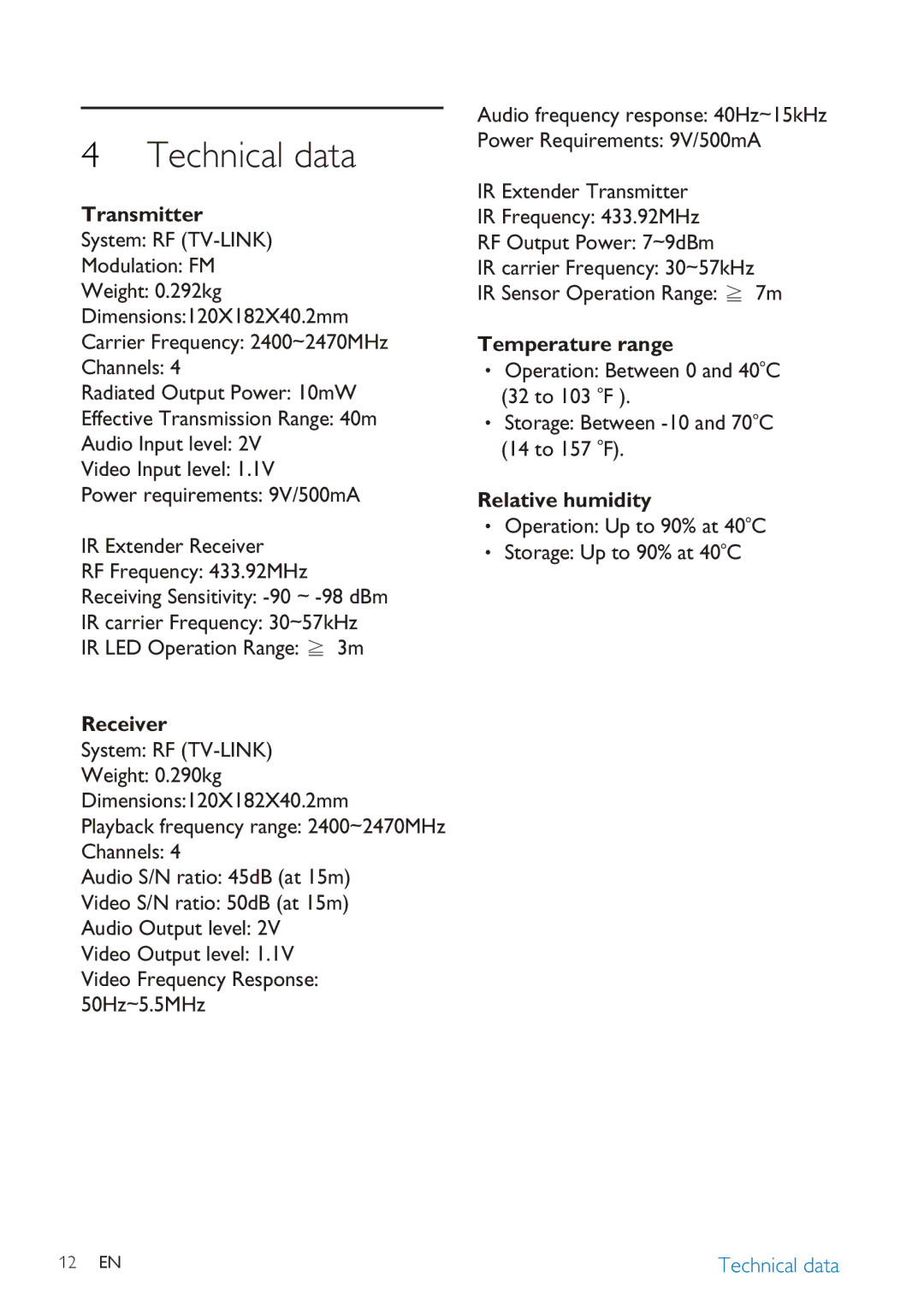 Philips SLV3105 user manual Technical data, Receiver, Temperature range 