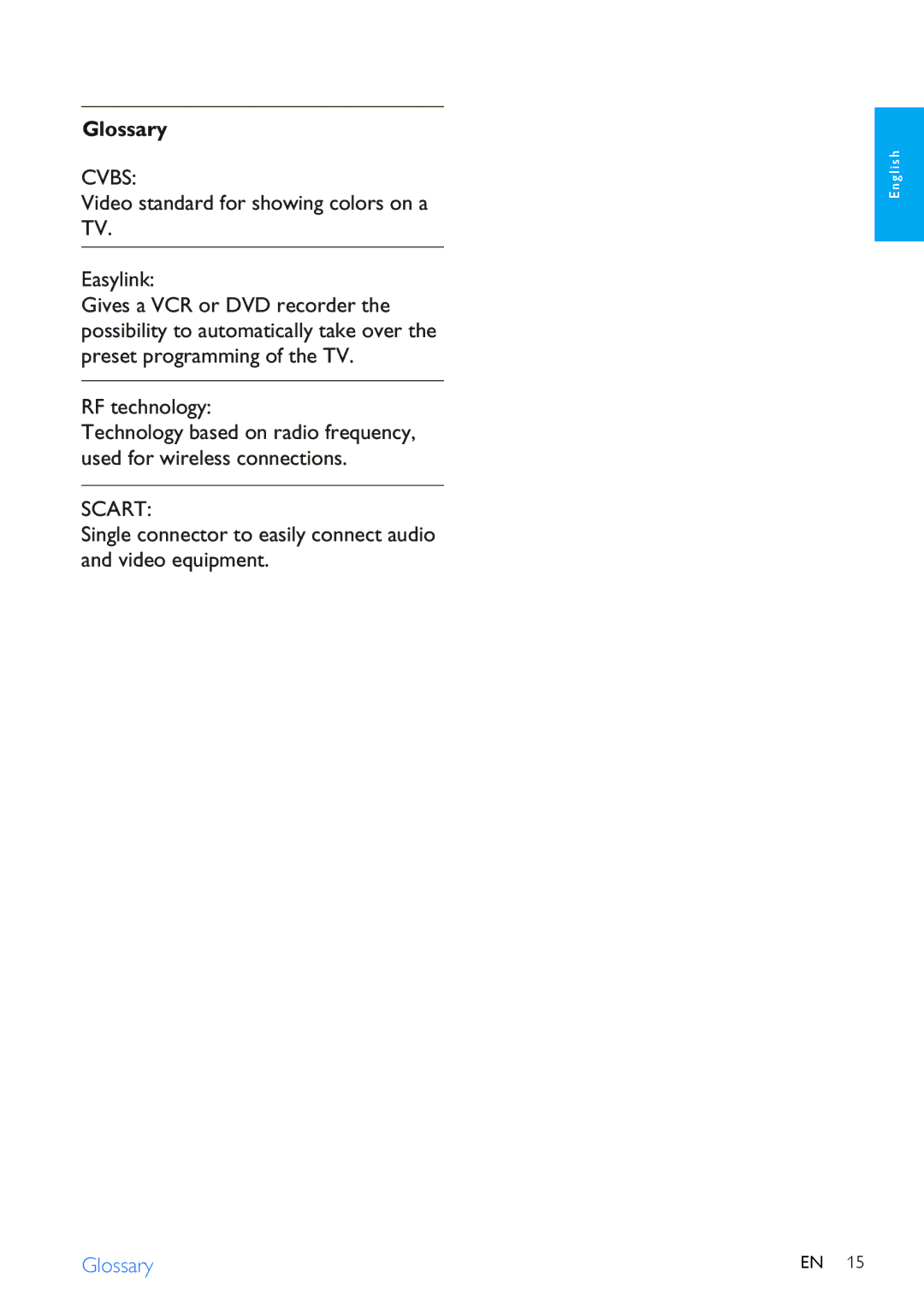 Philips SLV3105 user manual Glossary, Single connector to easily connect audio and video equipment 