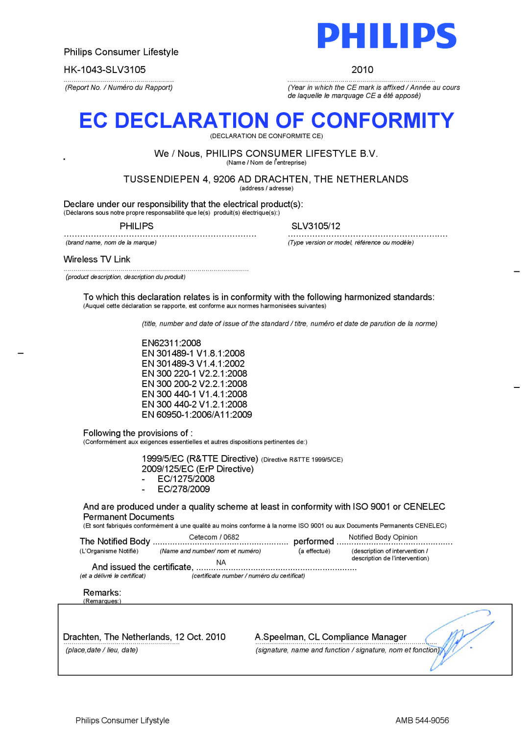 Philips SLV3105 user manual EC Declaration of Conformity 