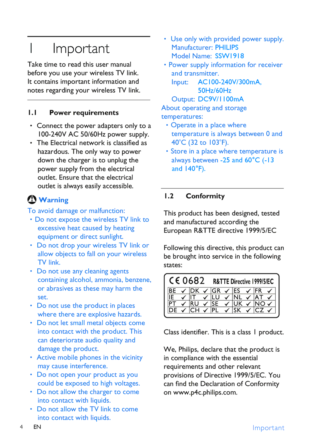 Philips SLV3105 user manual Power requirements, Conformity, Class identifier. This is a class 1 product 