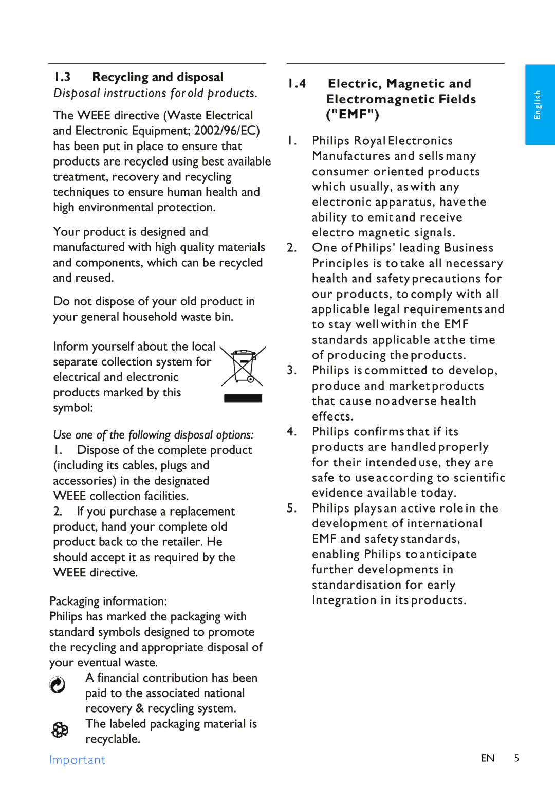 Philips SLV3105 user manual Packaging information, Labeled packaging material is recyclable, Electric, Magnetic, Emf 