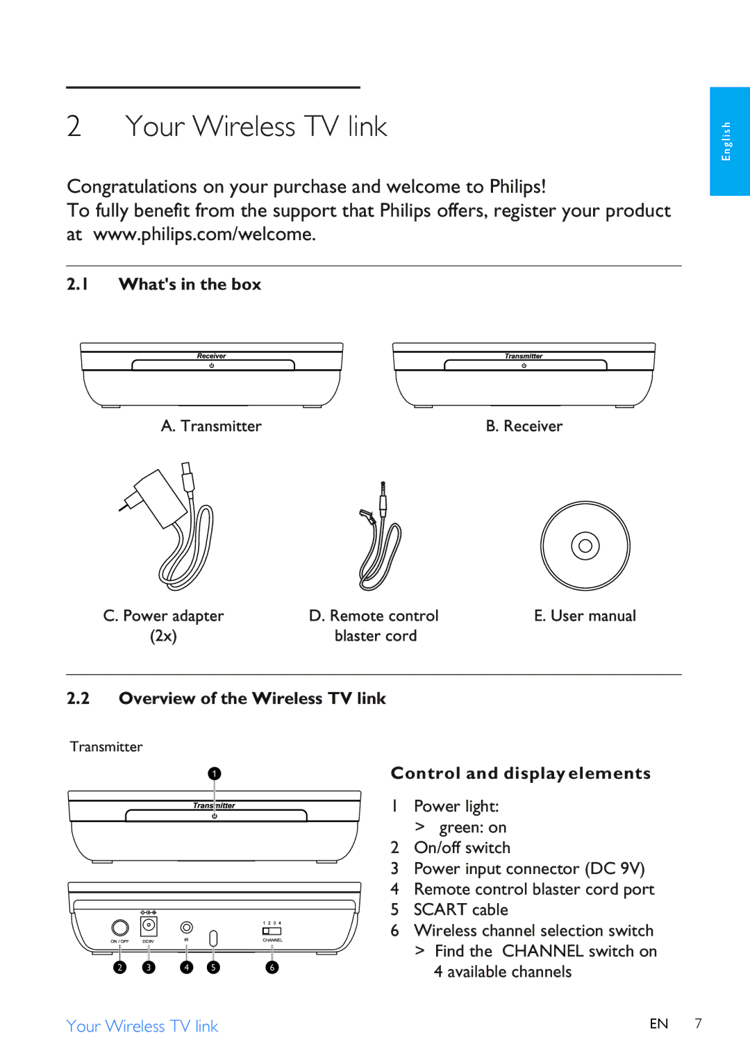 Philips SLV3105 Your Wireless TV link, Whats in the box Overview of the Wireless TV link, Control and display elements 