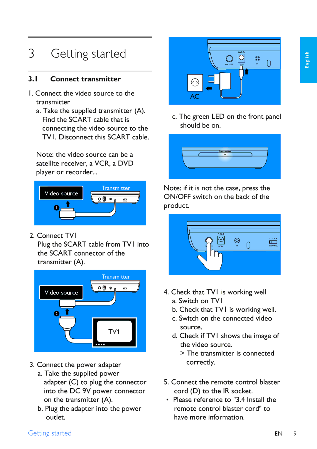 Philips SLV3105 user manual Getting started, Connect transmitter, Connect the video source to the transmitter 