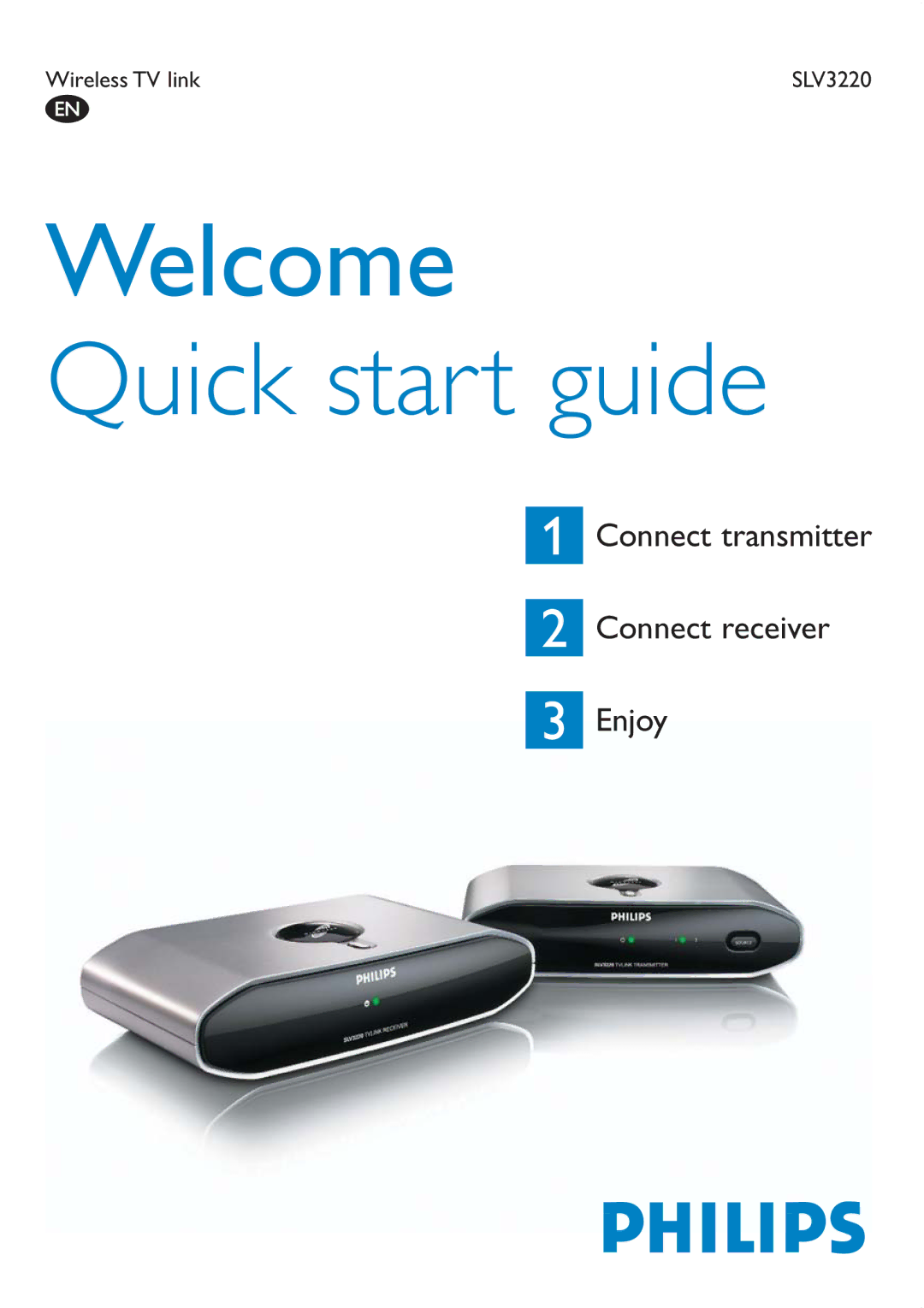 Philips SLV3220 quick start Welcome Quick start guide, Connect transmitter Connect receiver Enjoy 