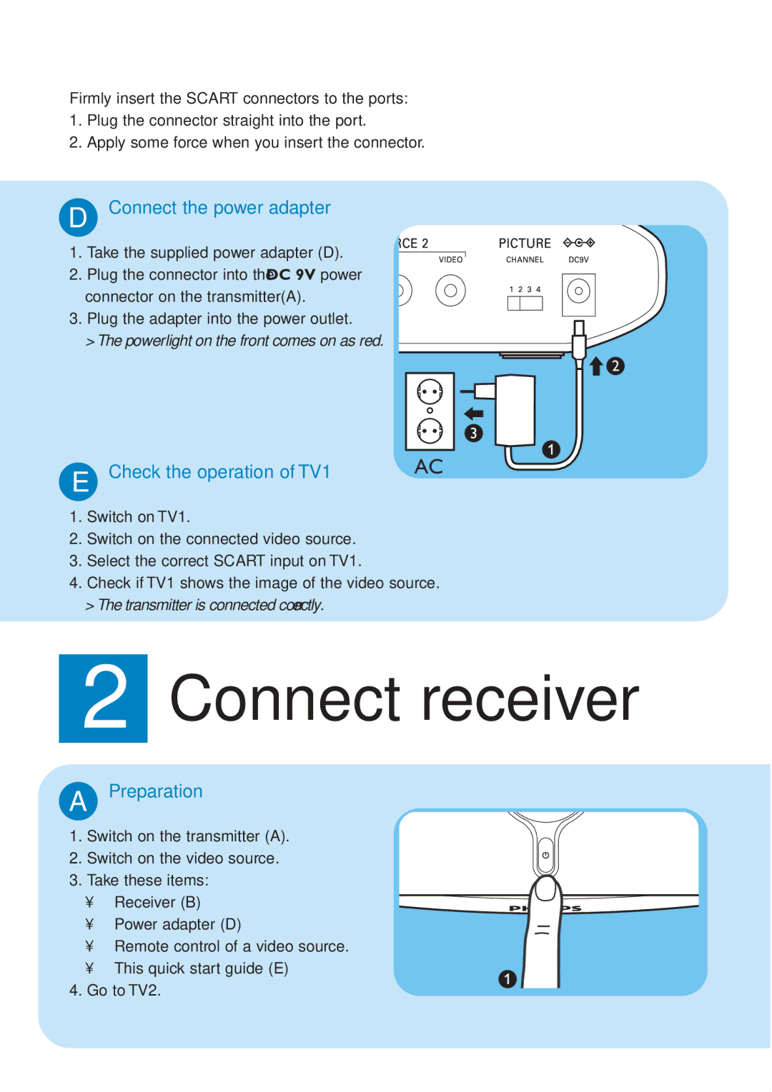 Philips SLV3220 quick start Connect receiver, Connect the power adapter, Check the operation of TV1, Preparation 