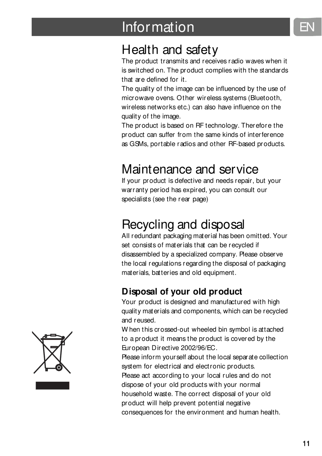 Philips SLV3220 user manual Information, Health and safety, Maintenance and service, Recycling and disposal 