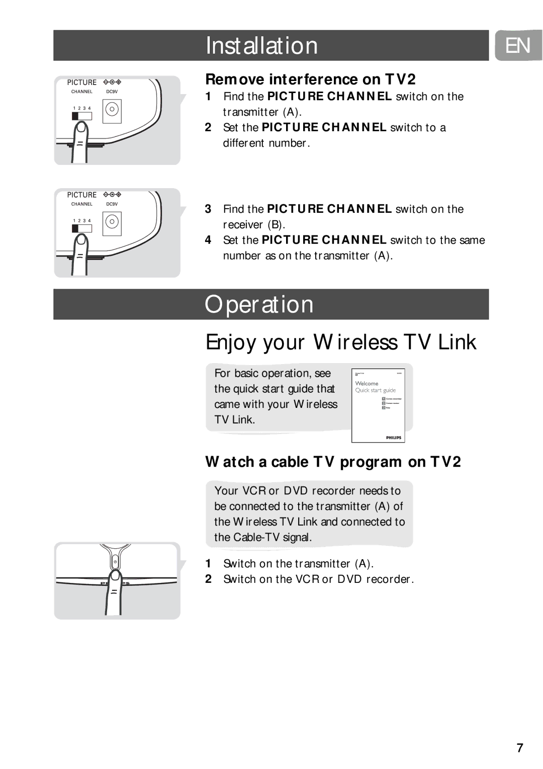 Philips SLV3220 Operation, Enjoy your Wireless TV Link, Remove interference on TV2, Watch a cable TV program on TV2 