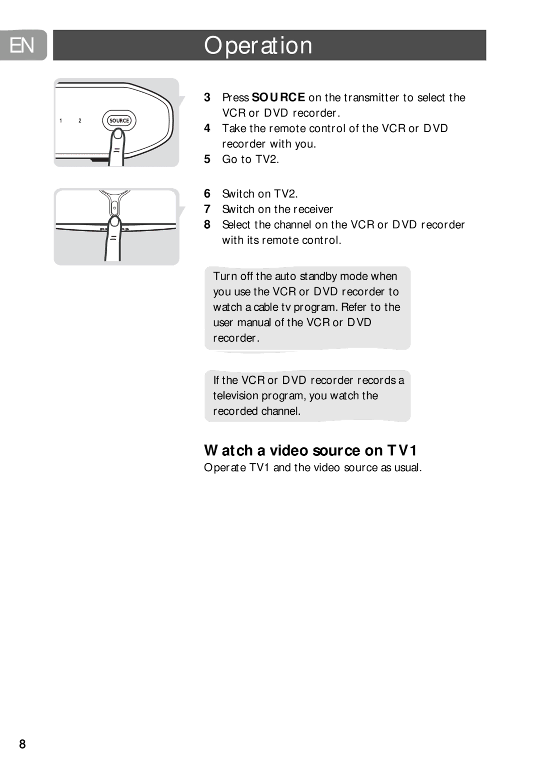 Philips SLV3220 user manual Watch a video source on TV1, Operate TV1 and the video source as usual 