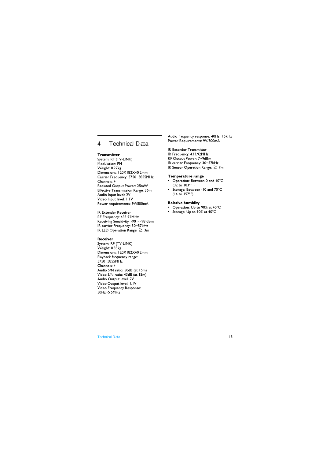 Philips SLV4200/12 manual Technical Data, Receiver, Temperature range, Relative humidity 