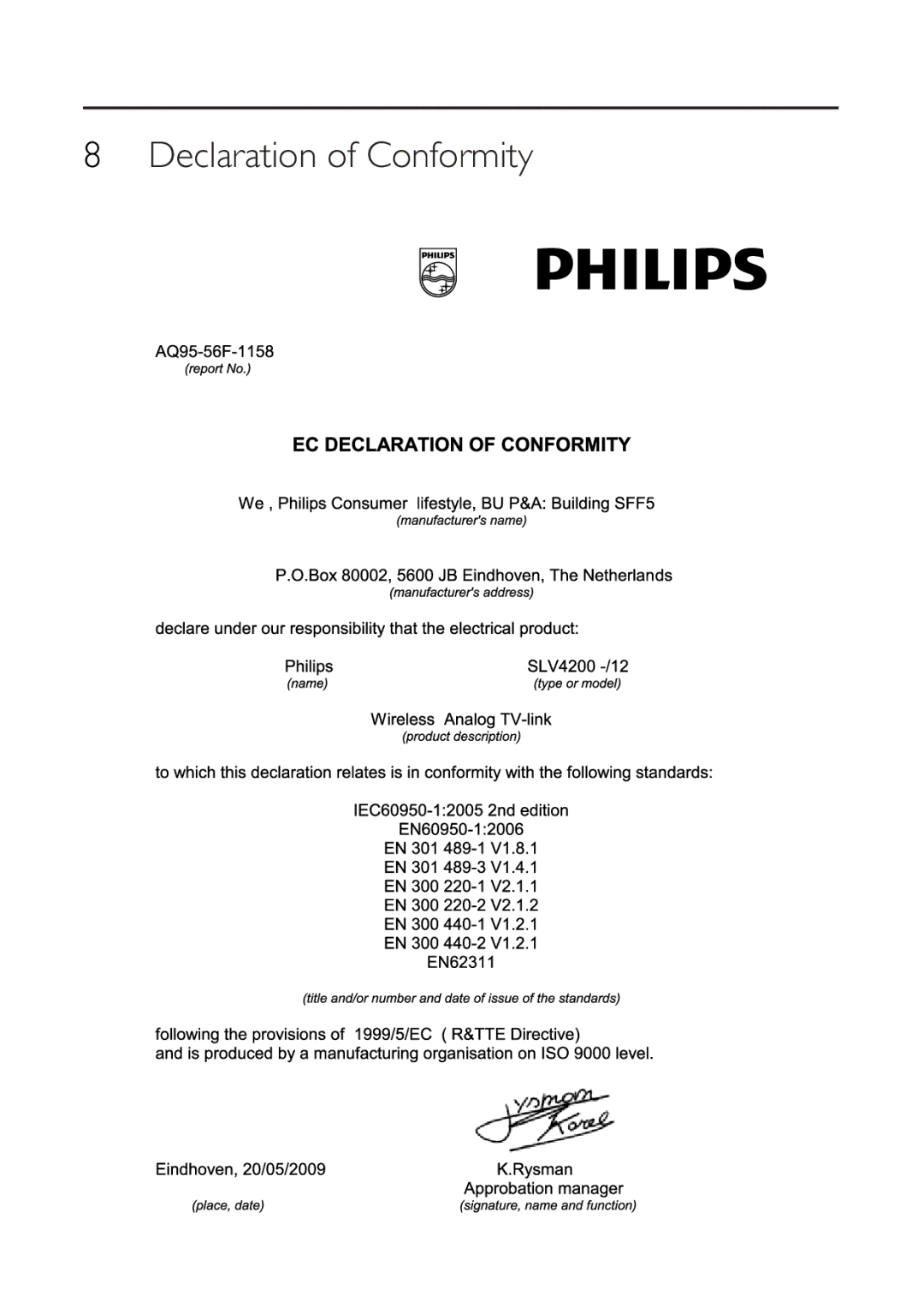 Philips SLV4200/12 manual Declaration of Conformity 