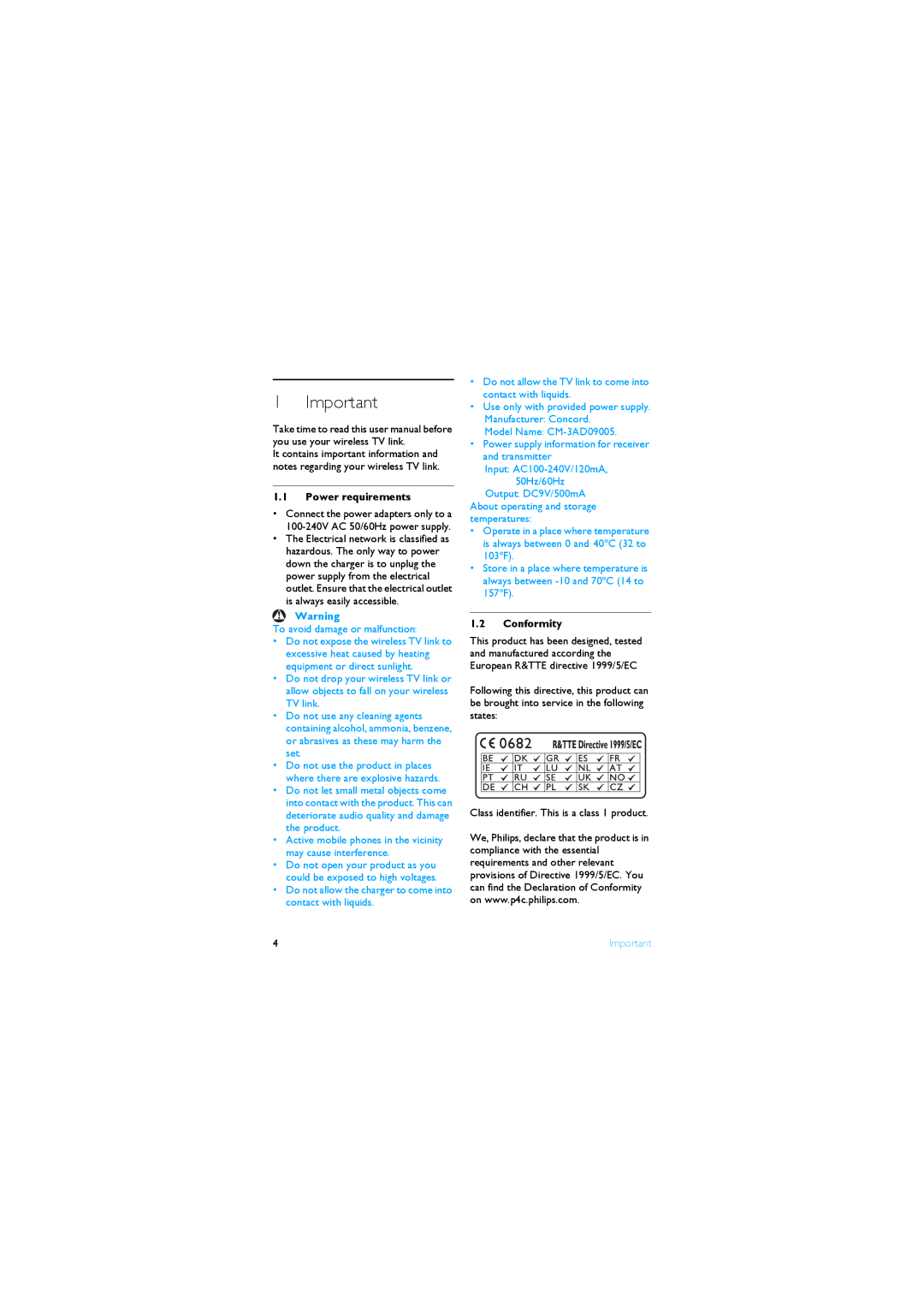 Philips SLV4200/12 manual Power requirements, Conformity 