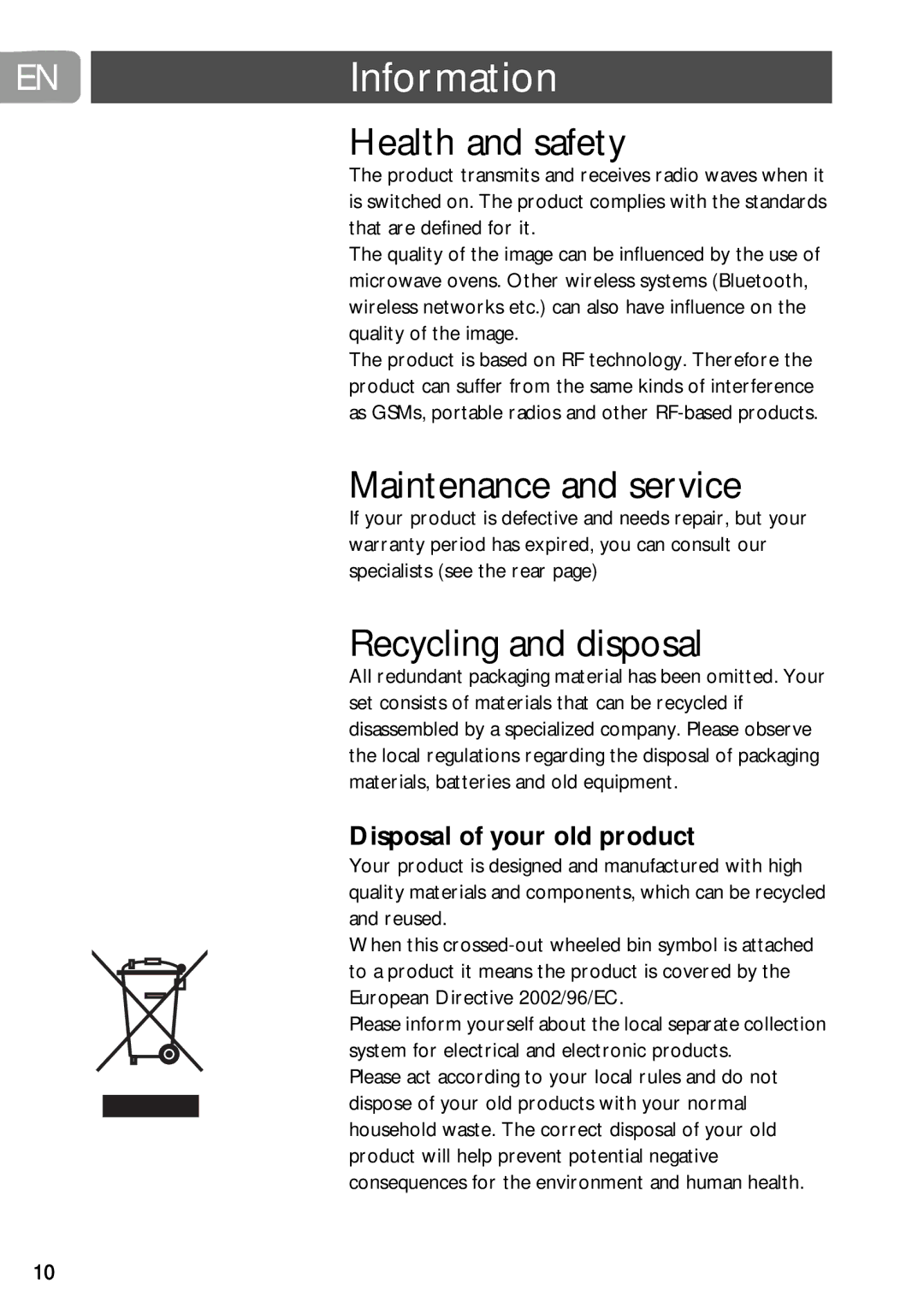 Philips SLV5405 user manual Information, Health and safety, Maintenance and service, Recycling and disposal 