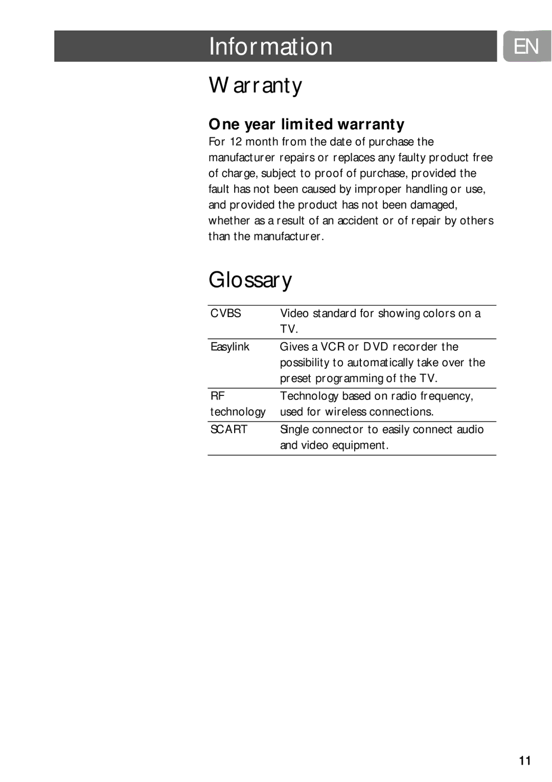 Philips SLV5405 user manual Warranty, Glossary, One year limited warranty 