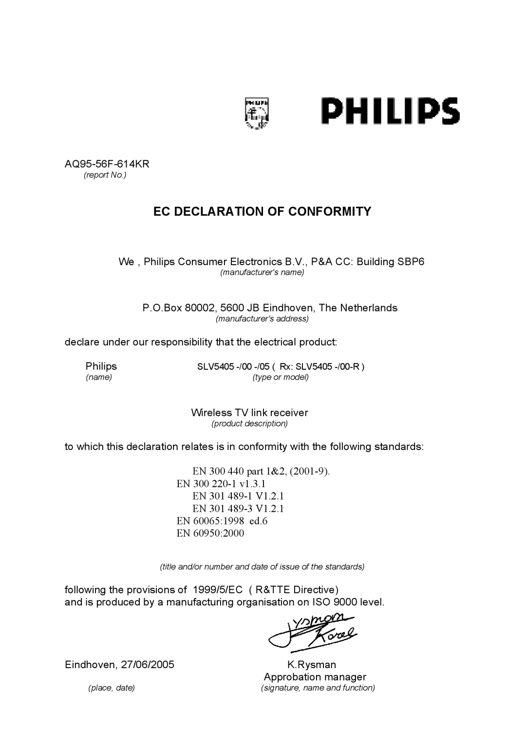 Philips SLV5405 user manual EC Declaration of Conformity 