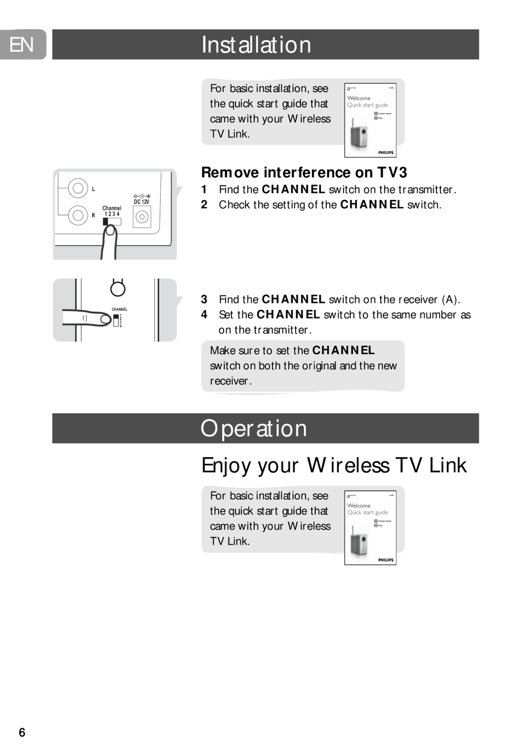 Philips SLV5405 user manual Installation, Operation, Enjoy your Wireless TV Link, Remove interference on TV3 