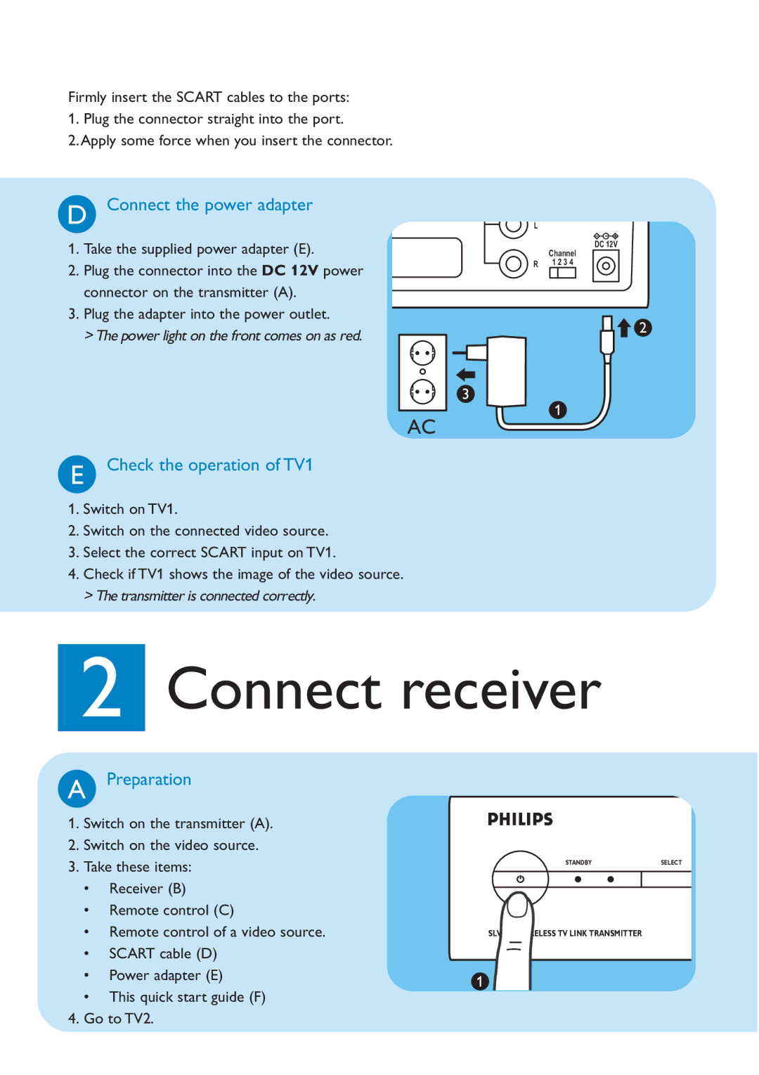 Philips slvs400 quick start Connect receiver, Connect the power adapter, Check the operation of TV1, Preparation 